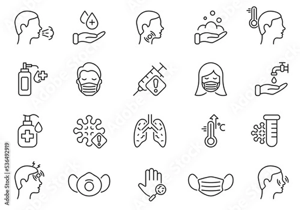 Obraz Virus and Flu Line Icon Set. Coronavirus Symptoms, Safety, Mask Protection, Prevention and Flu Disease Pictogram. Washing Hand and Sanitizer Icon. Editable stroke. Vector illustration