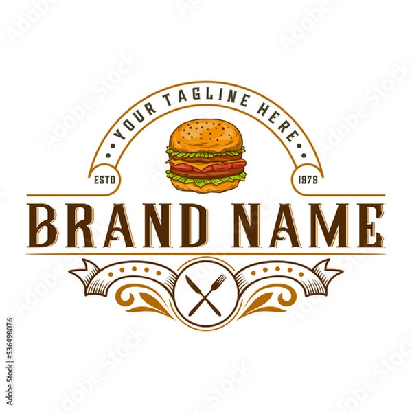 Obraz burger vintage logo. hand drawn burger design with cheese, meat, salad isolated on white background. for fast food packaging and restaurant menus.