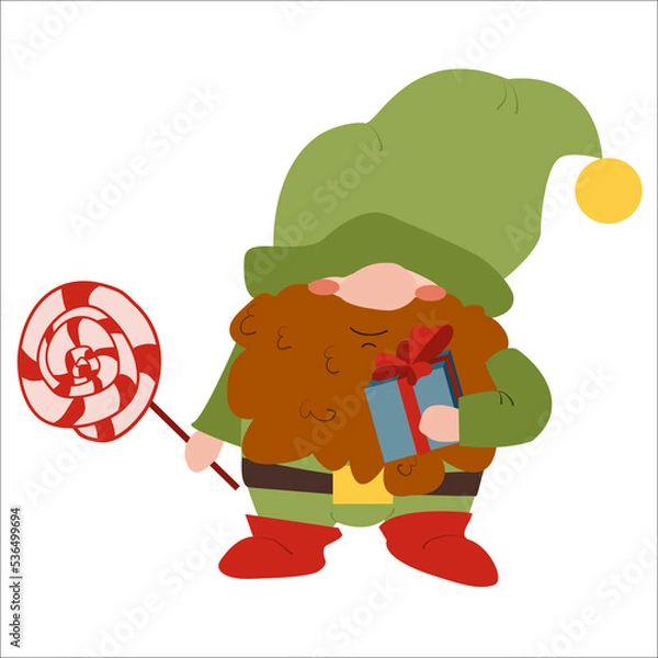 Fototapeta A Christmas gnome with a gift and a lollipop in his hands. A symbol of the new year.