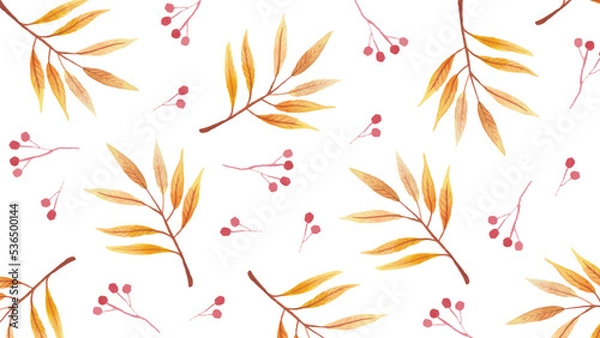 Obraz Watercolor background with ash and viburnum leaves. Ash yellow leaves watercolor illustration. Vector watercolor pattern with orange ash leaves.