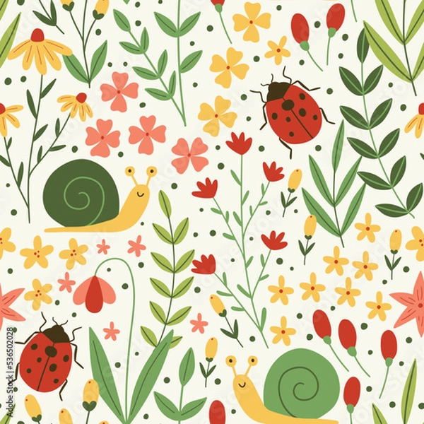 Fototapeta Vector floral seamless pattern with snail, ladybug. Wild flowers on beige background. Beautiful summer floral repeat background. Floral print design for textiles, wrapping paper, gift paper, fabric.