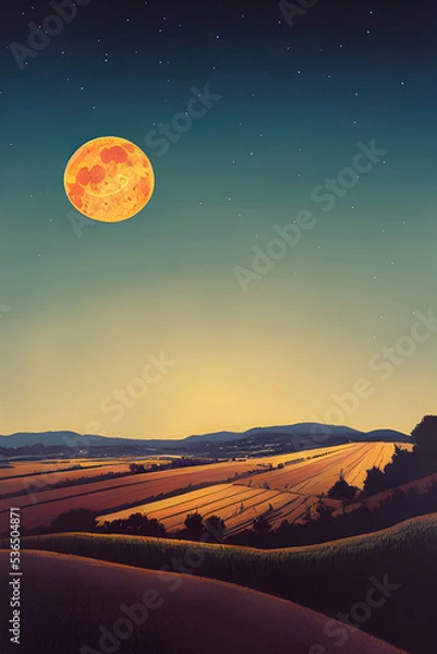 Fototapeta A full harvest moon shines over the fields.
