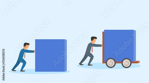 Obraz hard work vs smart work.Two businessmen move blocks, one manually the other using available resources. winner in business competitions who always
have innovation more effectively than its competitors