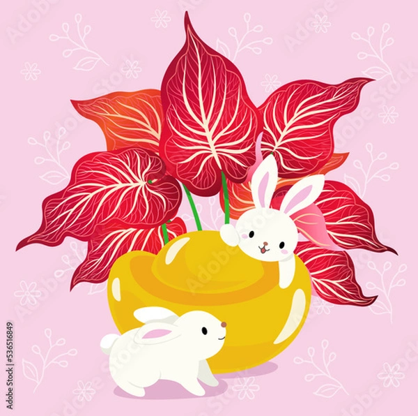 Obraz Rabbit gold ingot and foliage plants, festive atmosphere