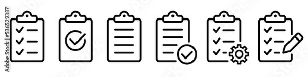 Fototapeta Clipboard icon set. Checklist on the clipboard line icon with checkmarks, checklist, document, gear, pencil. Clipboard  outline icons. Checklist symbol. Editable stroke. Isolated. Vector illustration