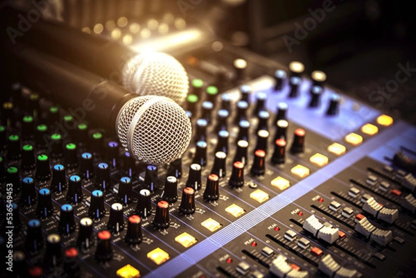 Fototapeta Close-up microphone and sound mixer in studio for sound record control system and audio equipment and music instrument