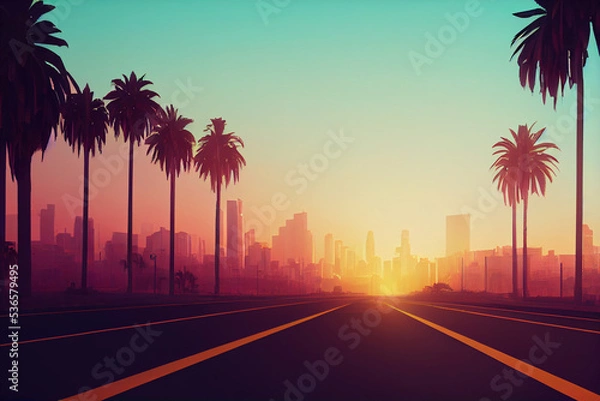 Fototapeta 3d Retro wave city background. Neon night landscape with a futuristic city in the style and aesthetics of the 80s and 90s. Synthwave, cyberpunk, computer video games, concept.