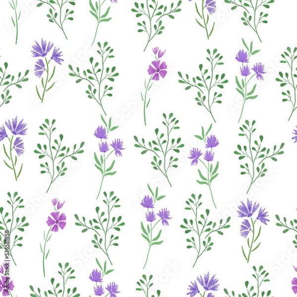 Obraz Seamless pattern hand drawn blue and violet wild flowers and herbs on white background