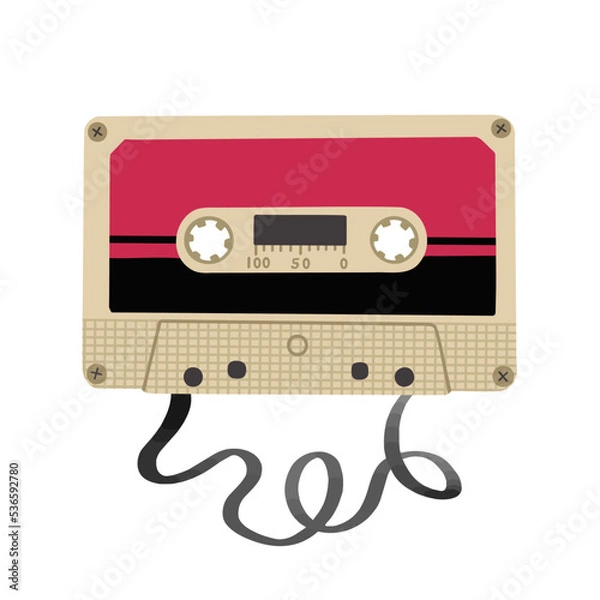 Obraz Cassette for player with unwound tape. Vector Illustration for backgrounds, covers and packaging. Image can be used for greeting cards, posters, stickers and textile. Isolated on white background.