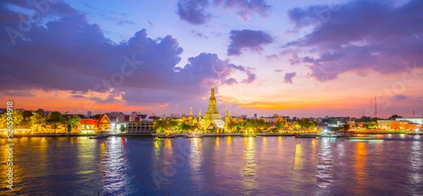 Fototapeta Wat Arun panorama view at twilight time, A Famous Buddhist temple in Bangkok, Thailand, Wat Arun is one of the most well known of Thailand's landmarks