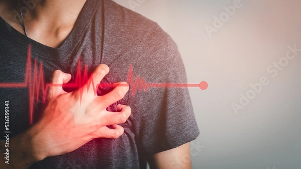 Fototapeta Severe heartache, man hands holding chest with symptom heart attack disease, heartbeat line, Heart attack symptom-Healthcare and medical concept.