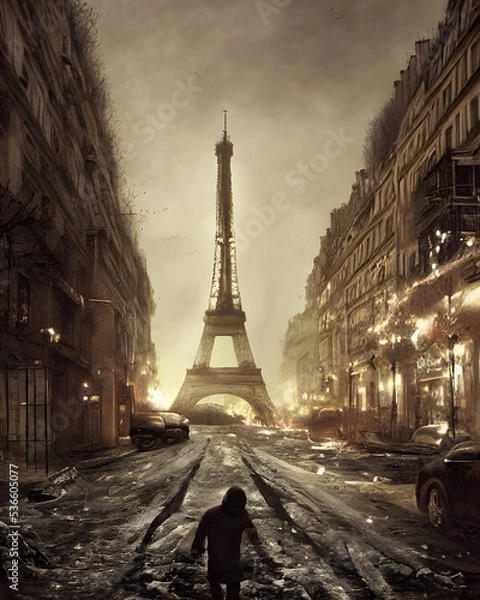 Fototapeta Illustration, Dark, Post Apocalyptic Cityscape, Paris