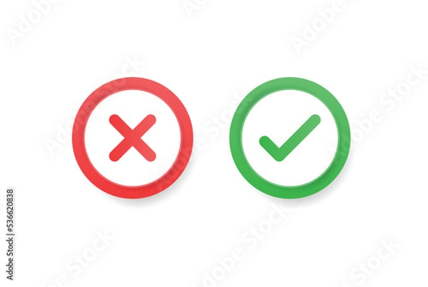 Obraz 3d check mark icon button, green tick and red cross signs symbols. check box frame - yes or no 3d checkmark icons buttons, right, wrong, approved, rejection sign vector illustration