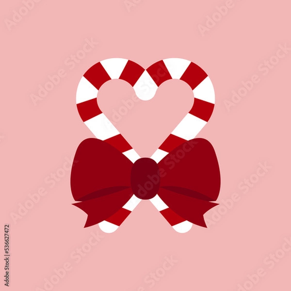 Fototapeta Christmas striped stick candy canes with red bow isoalated on pink background. Red sugar heart in flat style design