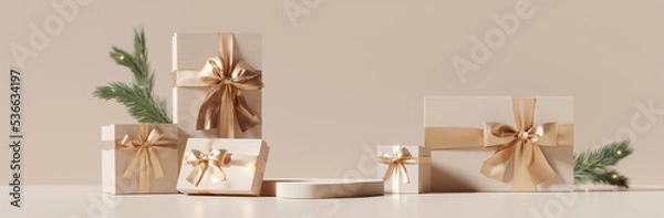 Fototapeta 3D podium display, Christmas background for product presentation or text. Gift box with gold ribbon. Beige backdrop with tree branch. Nude pedestal showcase. Present Branding banner. 3D render mockup.