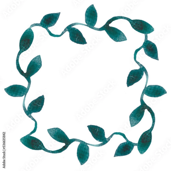 Obraz Illustration of watercolor square frame with green wavy plants isolated on white background