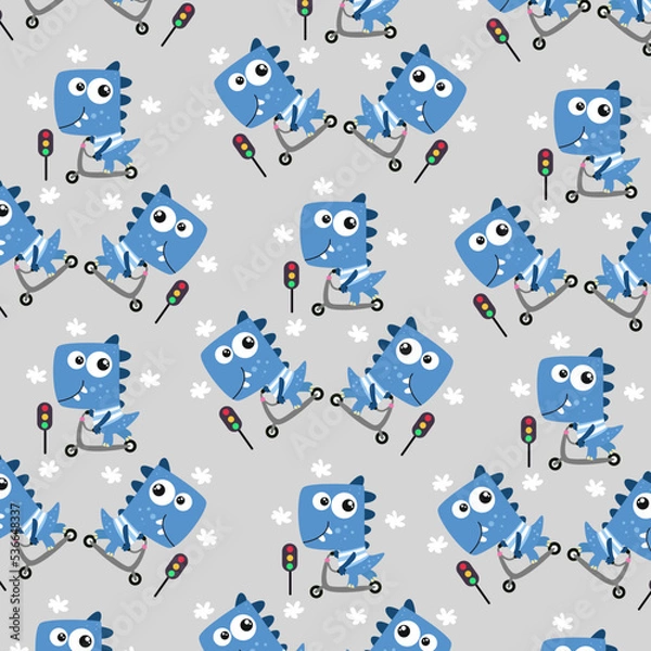 Fototapeta Seamless pattern with cute dinosaur animals perfect for wrapping paper