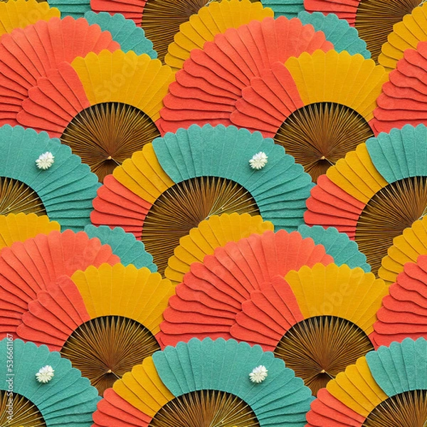 Fototapeta 3D rendered Japanese zen style origami paper cut abstract seamless pattern, beige and gold paper, elegant noble tranquil atmosphere, can be used for banner background, wallpaper, card, invitation.