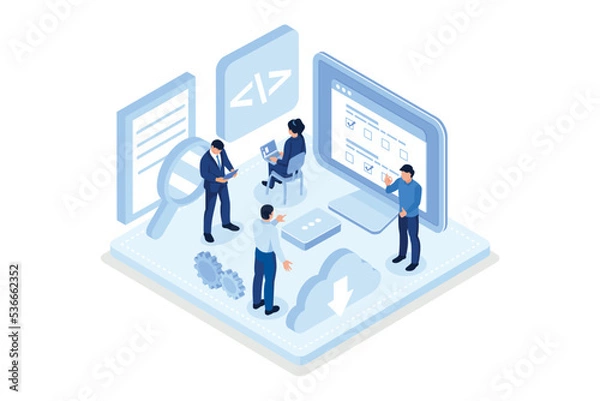 Obraz People characters developing software and sending data to cloud storage. Developers team programming and writing program code. Development process concept, isometric vector modern illustration