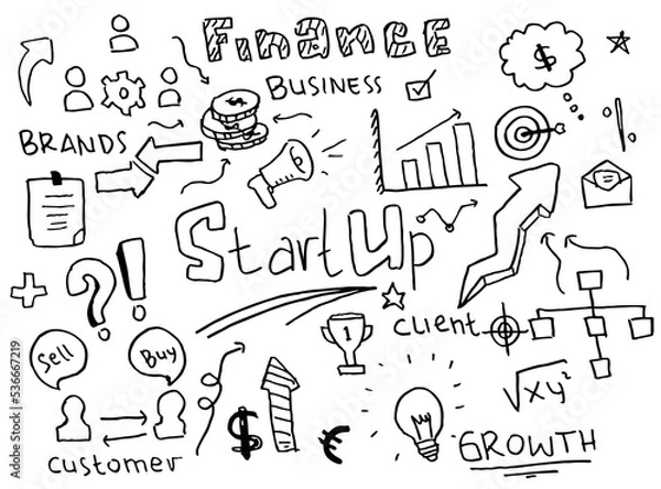 Obraz doodle art business start up hand drawn vector simple. with flowchart, statistic, percentage and element component business