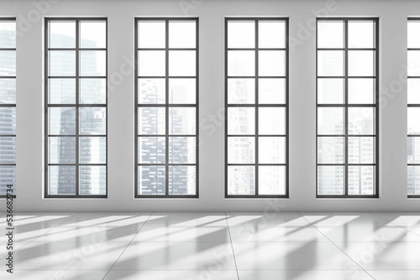 Fototapeta Light empty hall with panoramic window on Singapore skyscrapers