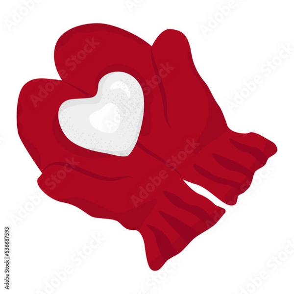 Fototapeta Winter greeting card. Two hands in red knitted mittens are holding snowball in form of heart. Trendy creative design concept.