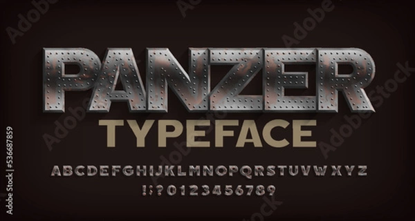 Fototapeta Panzer alphabet font. Rusted metal letters and numbers. Stock vector typeface for your design.