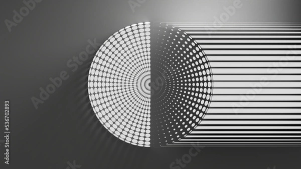 Fototapeta 3D rendering of dot-textured circle diagram with 50 % bright (yes) and 50 % dark (no) and with the dark side being projected into stretched lines. A template for business papers, education, etc
