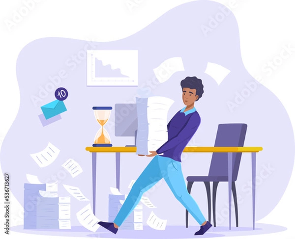 Fototapeta Stressed overloaded office employee carrying heavy paper stack