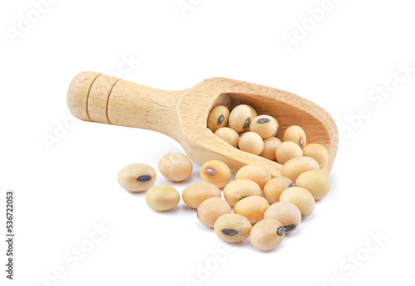 Fototapeta Soybeans in wooden scoop isolated on white background.