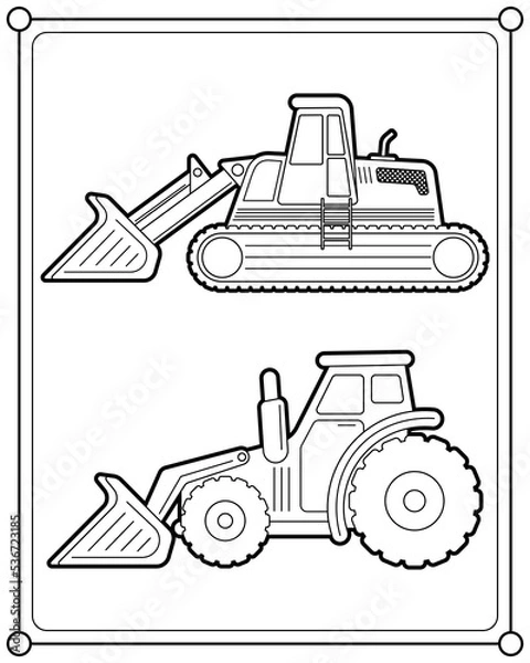 Fototapeta Wheel loader and Track Loader suitable for children's coloring page vector illustration