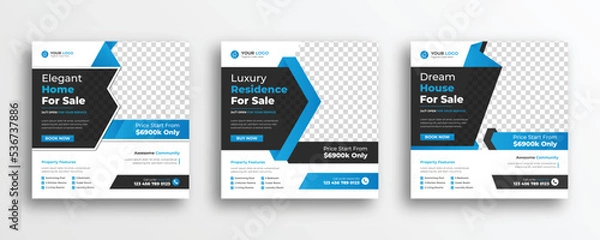 Fototapeta Real estate social media design template. Real estate banner set for selling house or property. Instagram post banner design. Poster, flyer design layout with graphic elements in vector.
