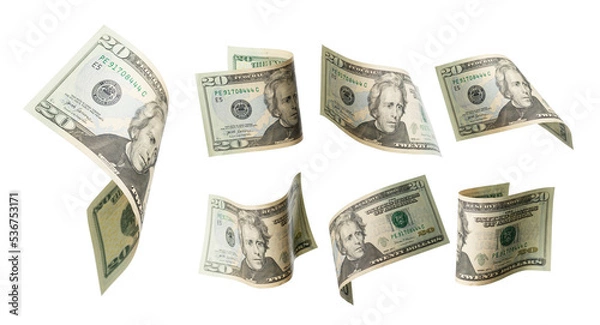 Fototapeta 50 dollars flying on white background. USA banknotes at different angles. Front side