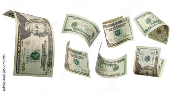 Fototapeta 50 dollars flying on white background. USA banknotes at different angles. Front side