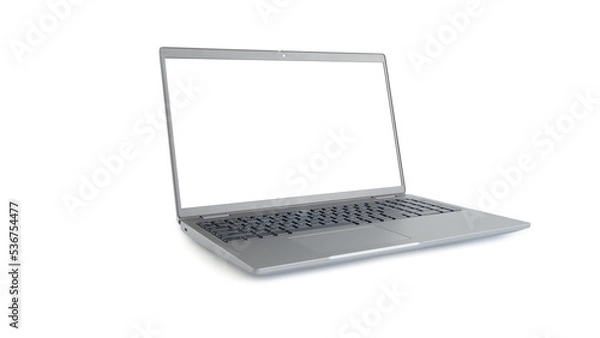 Fototapeta Front view of a gray laptop with a blank white screen, text input, isolated on white background. with cutting path