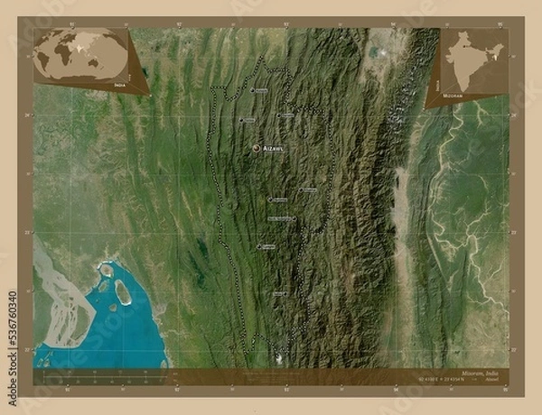 Obraz Mizoram, India. Low-res satellite. Labelled points of cities