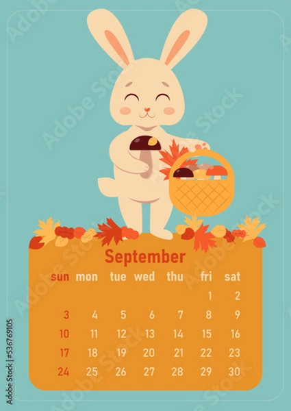 Fototapeta Calendar 2023 for september. Year of the rabbit, symbol of the new year. The week starts on Sunday. Cute rabbit picks mushrooms in the autumn forest. Autumn fallen leaves.