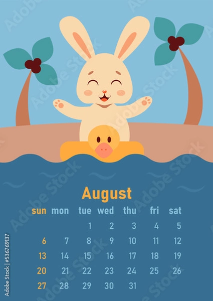 Fototapeta Calendar 2023 for August. Year of the rabbit, symbol of the new year. The week starts on Sunday. A cute rabbit in an inflatable circle in the form of a duck rejoices and swims in the sea or ocean near
