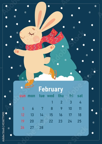 Fototapeta February 2023 calendar. Year of the rabbit, symbol of the new year. The week starts on Sunday. A cute rabbit in a scarf smiles and skates under the snow.