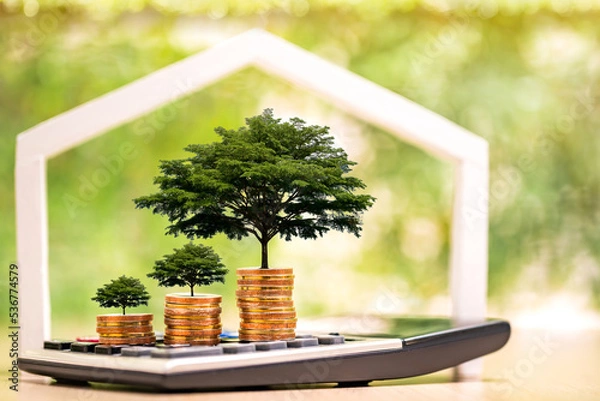 Obraz Stacked gold coin and tree growing on the top put on the calculator on wooden home background on sunlight in the public park, Saving money for real estate and loan for buy home for investment concept.