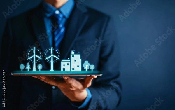 Fototapeta Businessman holding tablet with virtual energy resources icon. Earth day. Energy saving world ecology concept.