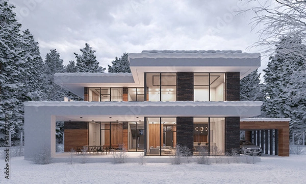 Fototapeta 3D rendering of a modern house with a carport. House in the winter in the snow.