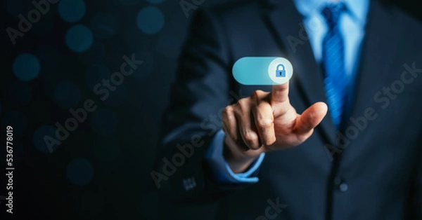 Fototapeta Businessman swipe for locking Cyber security data protection information privacy internet technology concept.
