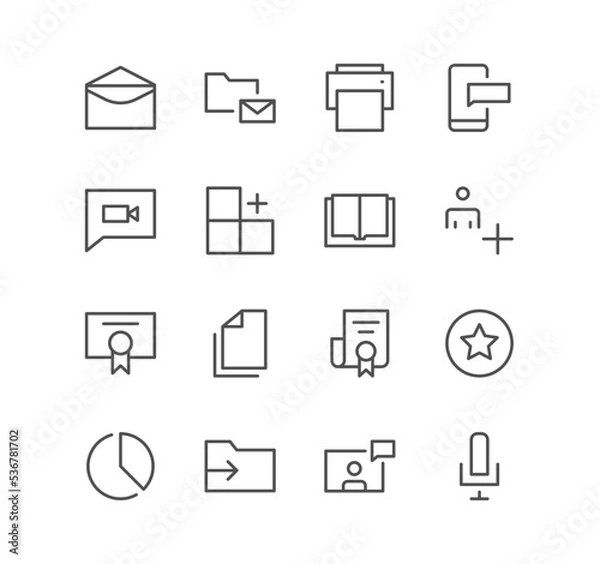 Obraz Set of interface and technology icons, mail, folder, printer, message, video, add, star, copy, chart, microphone and linear variety vectors.
