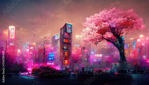 Fototapeta Fantasy Japanese night view city citycape, neon light, residential skyscraper buildings, pink cherry sakura tree. Night urban anime fantasy.