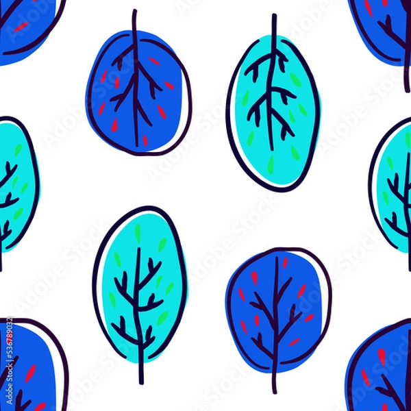 Fototapeta doodle trees with blue monochrome color scheme seamless pattern for print and fashion or wallpaper