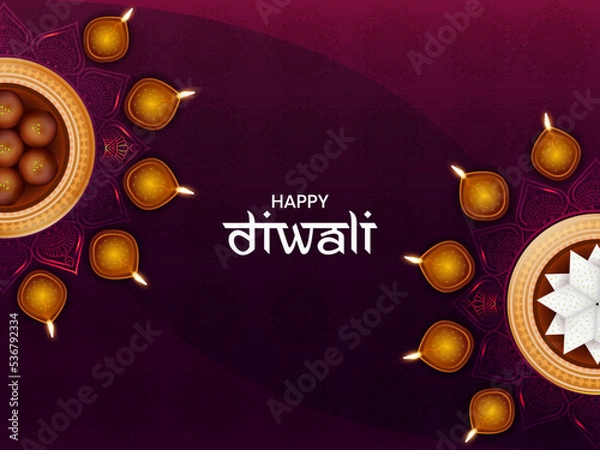 Fototapeta Vector illustration of realistic sweets and illuminated oil lamps (Diya) for great Indian festival celebration Happy Diwali.