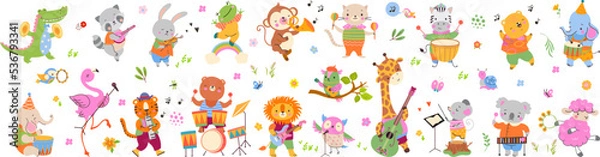 Fototapeta Musical dancing animals, celebration concert. Cartoon animal play musical instruments. Music giraffe, lion, hippo and elephant. Childish nowaday vector collection