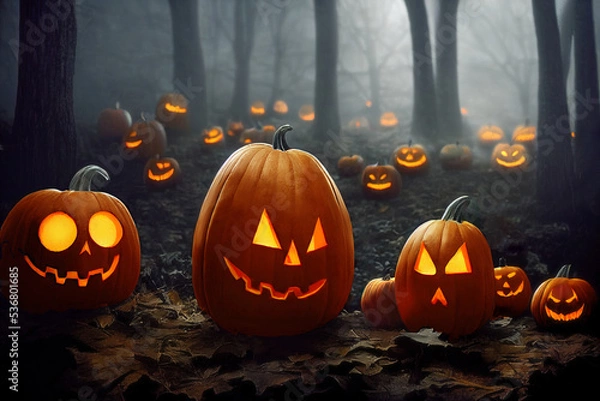 Fototapeta Smiling pumpkins with glowing eyes over dry leaves in spooky Halloween forest at foggy night. Generative AI illustration