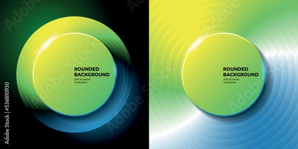 Fototapeta Green banner background with round glossy shapes and neon glitter, levitating 3D objects with reflection on a dark background